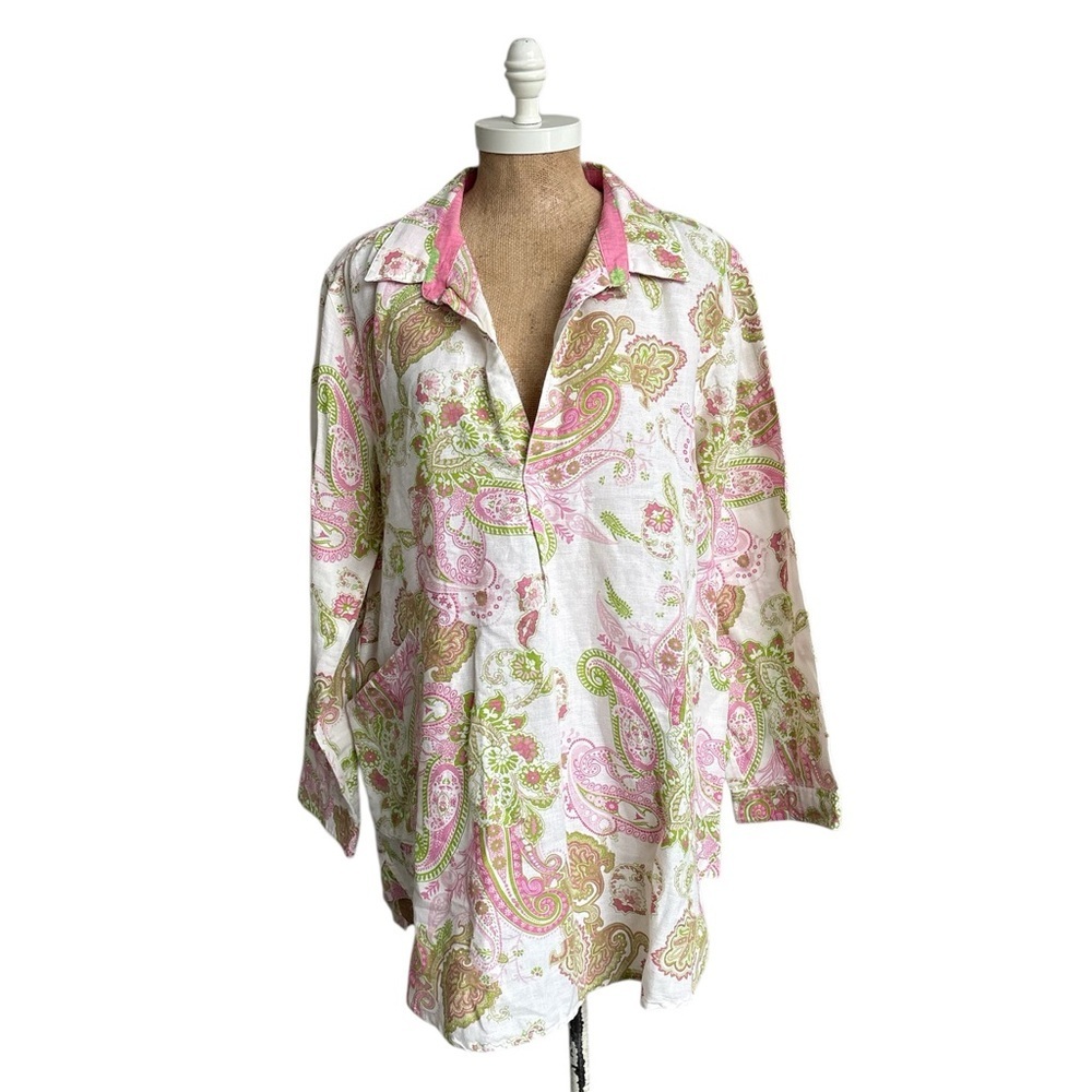 Tizzie Pink & Green Paisley Linen Blend Tunic Blouse  Size Medium